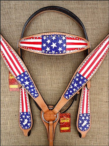 HILASON Western Horse Headstall Breast Collar Set Tack American Leather Us Flag