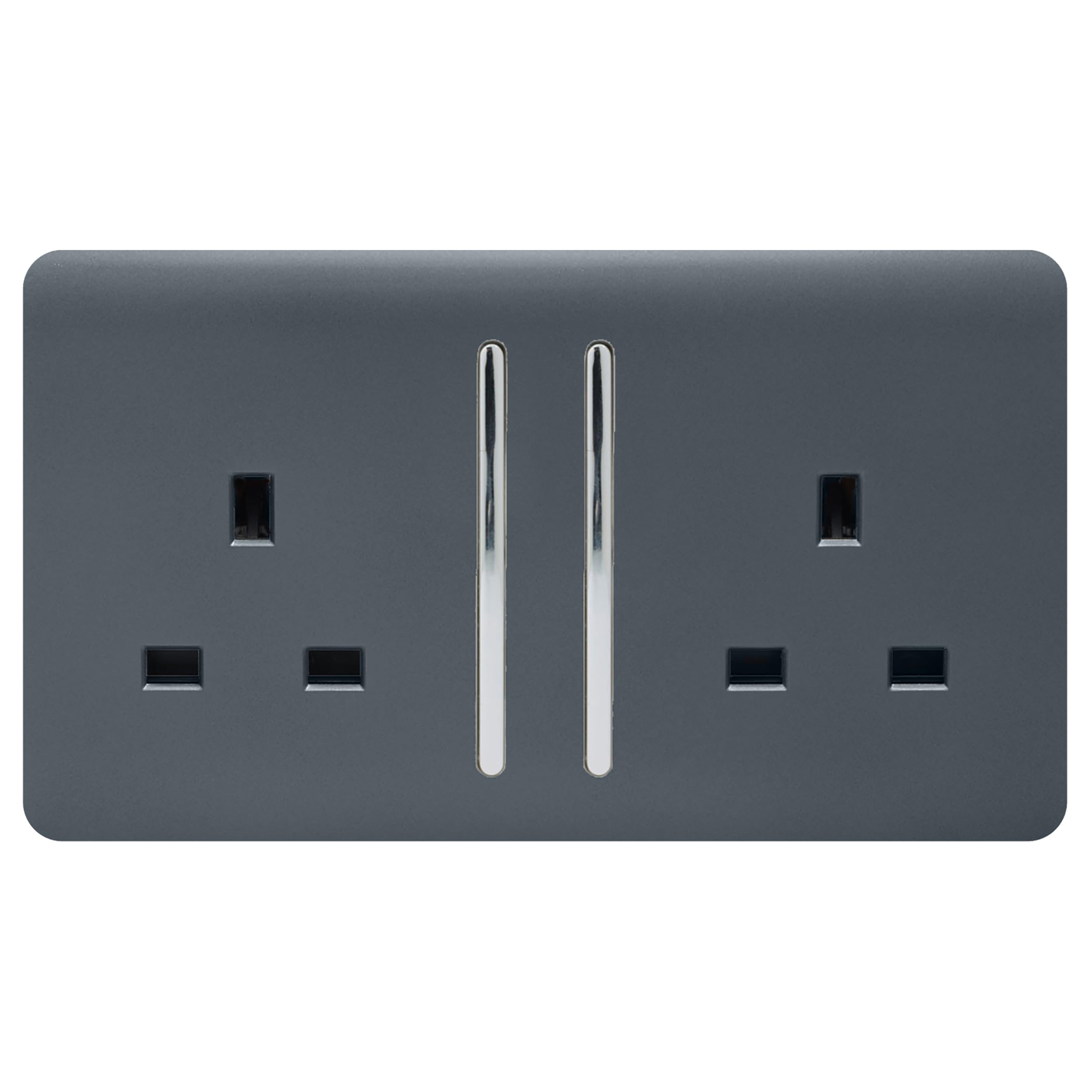 Trendi 2 Gang Raised Artistic Modern Glossy Screwless 13 Amp Single Pole with Chrome Switched UK Standard Electrical Double Wall Plug Socket in Warm Grey - ART-SKT213LWG