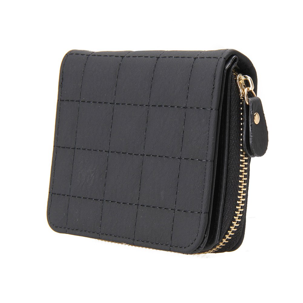Aeeque® Women Short Grid Style Wallet, Premium PU Leather Coin Card Holder Case Small Zipper Purse - Black