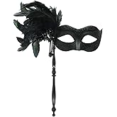 LCKRVOL Masquerade Mask for Women with Stick, Shiny Women's Feather Mardi Gras Venetian Mask for Prom Ball Costume Party