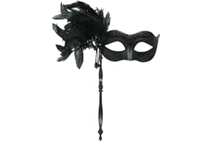 LCKRVOL Masquerade Mask for Women with Stick, Shiny Women's Feather Mardi Gras Venetian Mask for Prom Ball Costume Party