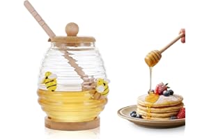 Glass Honey Pot with Dipper & Lid, 480ml Spiral Beehive Shaped Jar - Decorative Honey Container for Countertop, Breakfast Tab