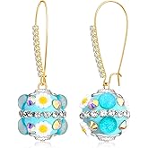 unixmoment Bohemian Handmade Sparkly Crystal Flower Ball Dangle Drop Earrings Rhinestone Floral Leverback Earrings For Women