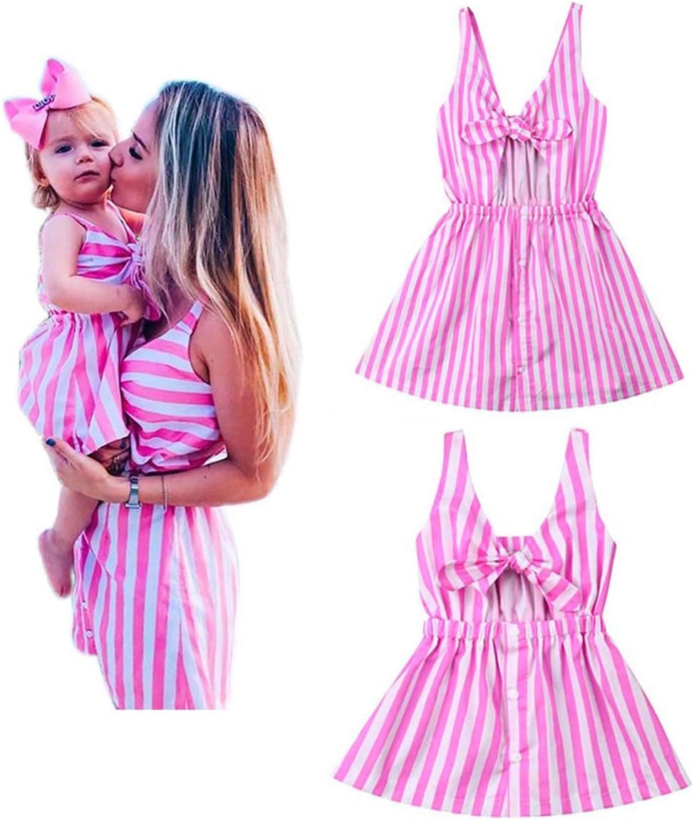 LOUVTONMommy and Me Pink Striped Print Spaghetti Straps Dresses Family Matching Sleeveless Bow Tie Knot Front Midi Dress