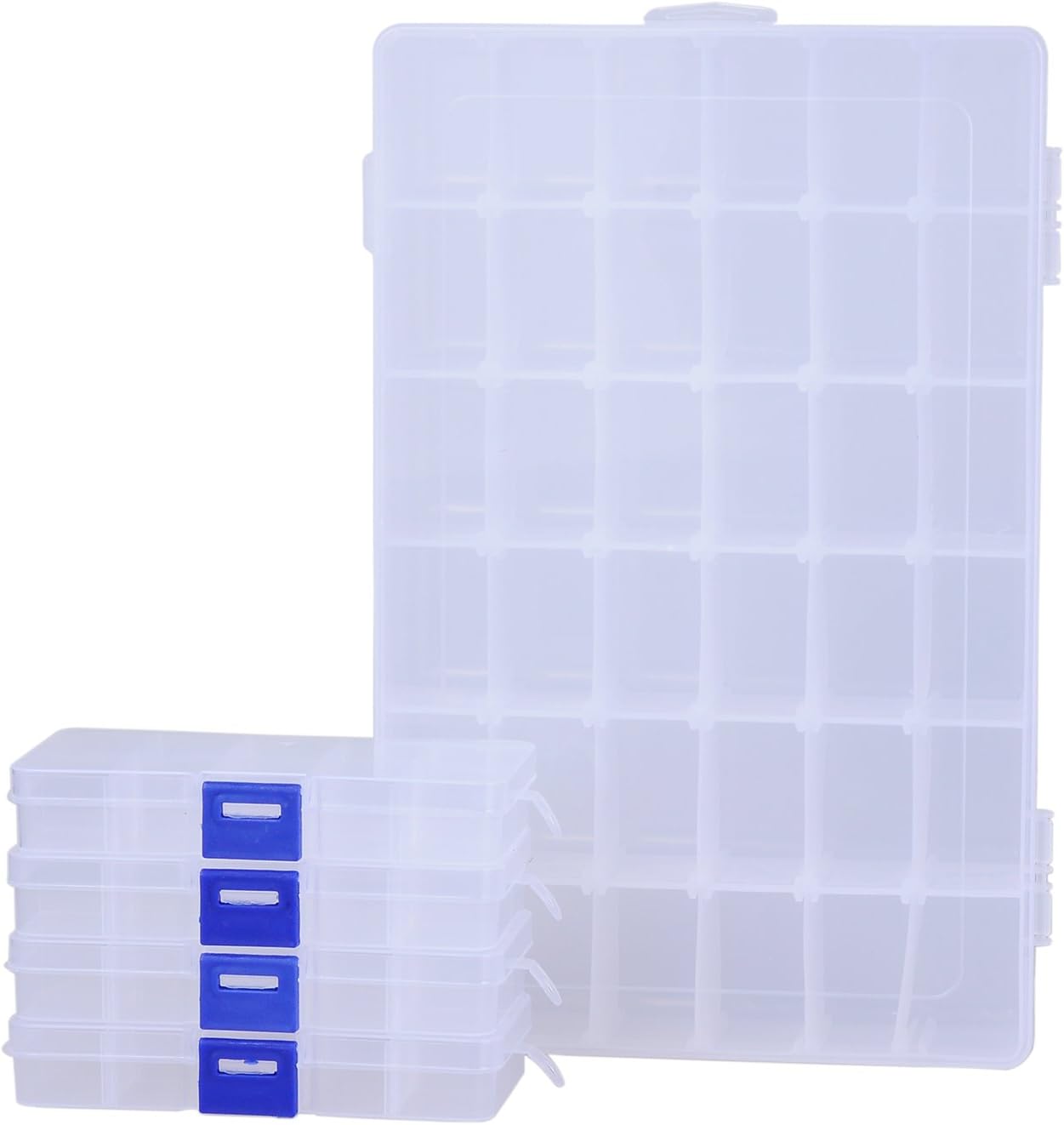 ECROCY Pack of 5 Plastic Storage Box with Adjustable Dividers for Beads, Jewelry,Tools and Fishing Lures(1pc Organizer Box with 36 Grids & 4pcs Box with 10 Grids)