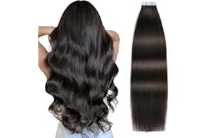 SUYYA Tape in Hair Extensions Natural Black 100% Remy Human 20 inches 20pcs 50g/pack Straight Seamless Skin Weft Hair(20 #1B Off Black)