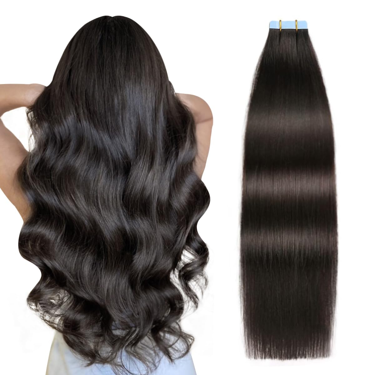 SUYYA Tape in Hair Extensions Human Hair 20 Pcs 50g Invisible Tape Hair Extensions Straight Seamless Skin Weft Tape Extensions Real Human Hair 20 Inches #1B Natural Black — image 1