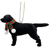 5.7" Simulated Black Labrador Christmas Ornament – Realistic Dog Figurine with Festive Scarf – Hanging Tree Decoration