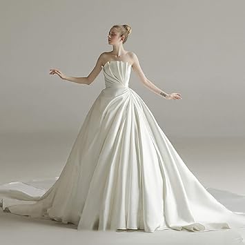 Amazon Co Jp サテン背中の開いたブライダルウェディングドレスエレガントなシンプルなピュアカラーロングテールシャーリングドレススーツ女性用女の子セレモニーパーティー特別イベント スポーツ アウトドア