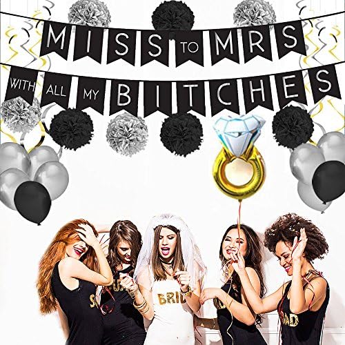 MODERN BACHELORETTE PARTY DECORATIONS KIT – MISS to MRS Banner, 8 Tissue Pom Poms Paper flowers, 1 Engagement Wedding Ring Balloon with One Balloon Pump - Bachelorette Party Supplies, Favors