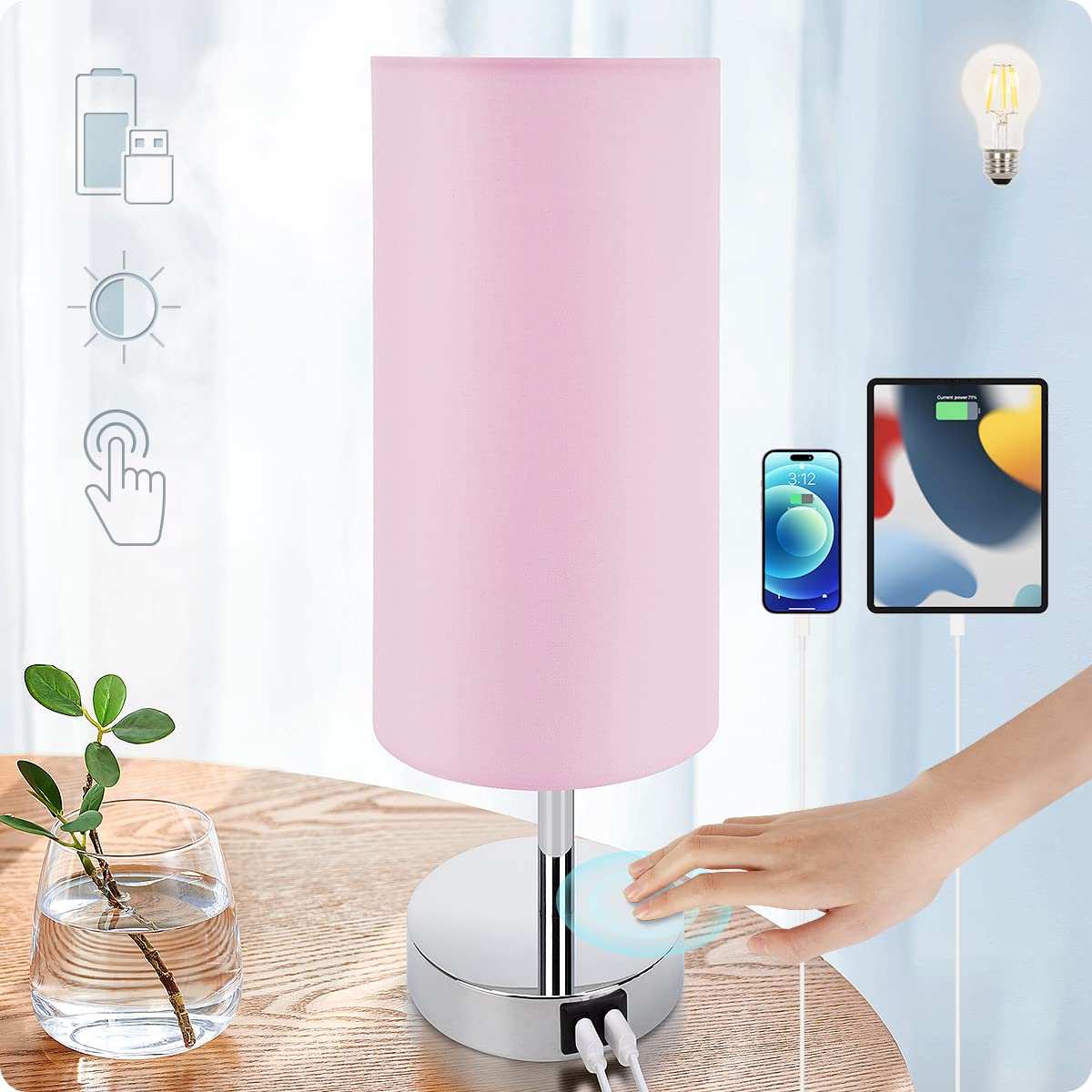 Photo 1 of Yarra-Decor Bedside Lamp with USB Port - Touch Control Table Lamp for Bedroom 3 Way Dimmable Nightstand Lamp with Round Pink Fabric Shade for Living Room, Dorm, Home Office (LED Bulb Included) ITEM BENT
