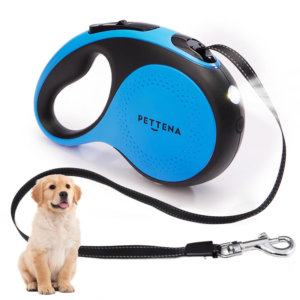 【 LEDライトバージョン】PETTENA 犬用リード 耐荷重30kg 長さ5メートル 自動伸縮 操作便利 強力ナイロンストラップ 耐久性が高い リード 犬用 滑り止めハンドル付き ロック可能 青い の商品画像