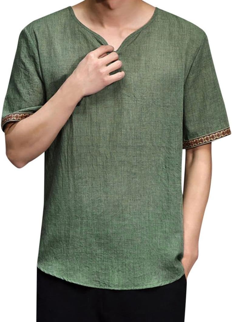 Wintialy Mens Traditional Linen Shirts Casual Short Sleeve V Neck Tops Loose Blouse