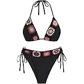 ZAFUL Women's Triangle Halter Bikini Set Crochet Boho Floral Swimsuit Cut Out Tie Side Two Piece Bathing Suit