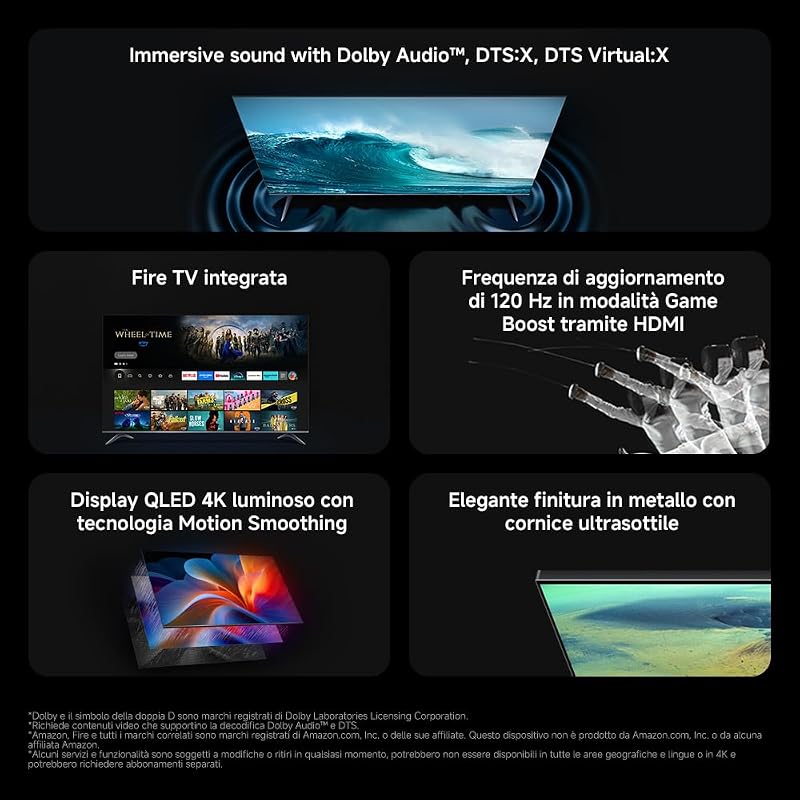 TV F Pro 75,75 pollici (190 cm),4K UHD QLED,Smart TV,Fire TV, Triple Tuner DVB-C/S/S2/T/T2,HDR10+, Modalità Game Boost 120Hz, MEMC, Controllo Vocale Alexa,2GB+32GB, Compatibile con AirPlay