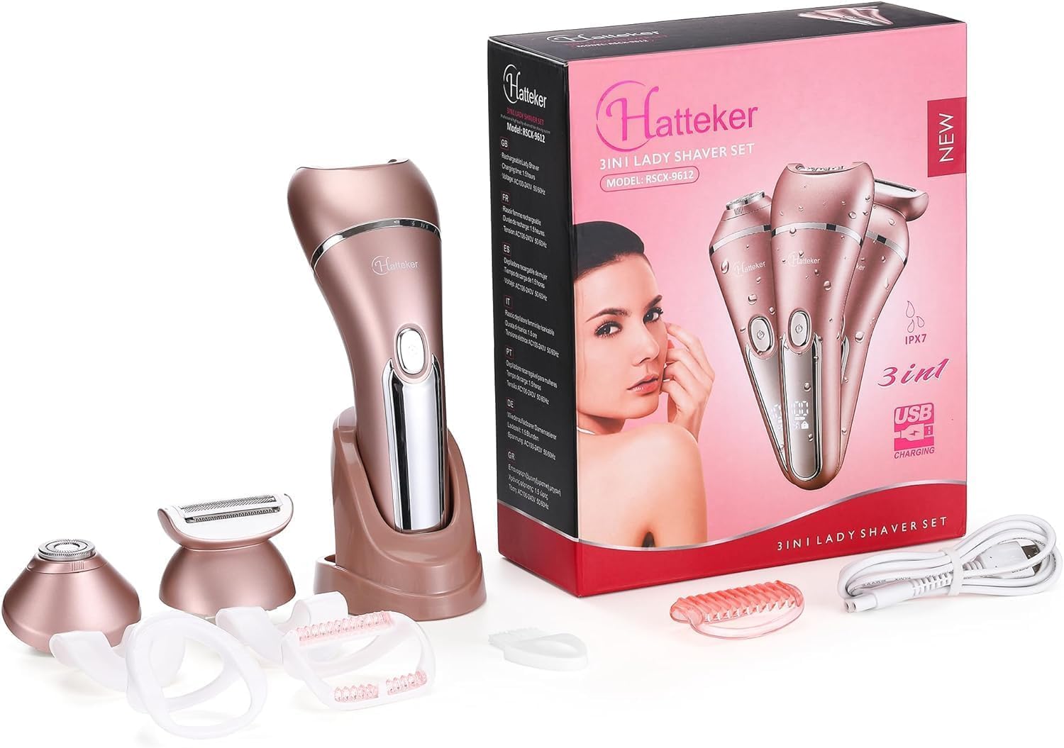 Hatteker Electric Shaver for Women Lady Epilator Electric Razors Kit Hair Remover for Face Chin Arm Leg Armpit Bikini Trimmer Painless Waterproof USB Rechargeable Dry Wet with Detachable Head 3 in 1