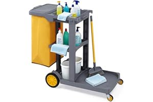 Noliven Janitorial Trolley on Wheels, 3 Tier Commercial Cleaning Cart with Rubbish Bag, Mop Mount and Lid, Holds Up to 220Lbs