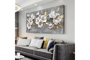 LAVIKARS Modern Gray Flowers Wall Art for Living Room Office White and Golden Floral Landscape Canvas Painting Prints Large Delicate Petals Artwork Kitchen Home Bedroom Decor (20x40 Inches)