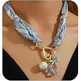 Silk Scarf Necklace for Women Flowers Crystal Heart Pearl Multi-Pendant Necklace Colorful Silk Choker Necklaces with Santa Christmas Jewelry Halloween Skull Necklace