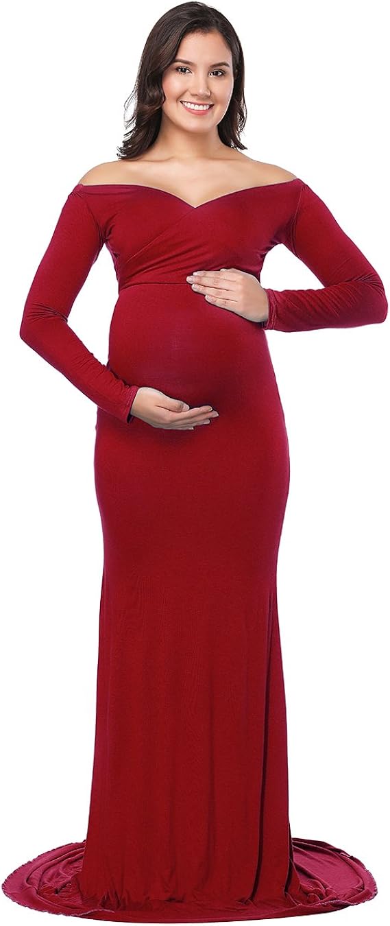 JustVH Maternity Elegant Fitted Maternity Gown Long Sleeve Cross-Front V Neck Slim Fit Maxi Photography Dress for Photoshoot at  Women’s Clothing store