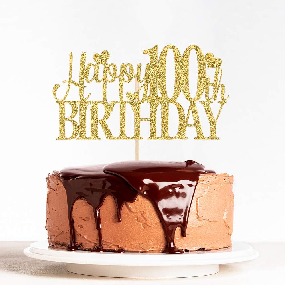 Gold Glitter Happy 100th Birthday Cake Topper 100 Years Loved, Cheers to 100 Years Wedding Anniversary Birthday Party Decoration Supplies