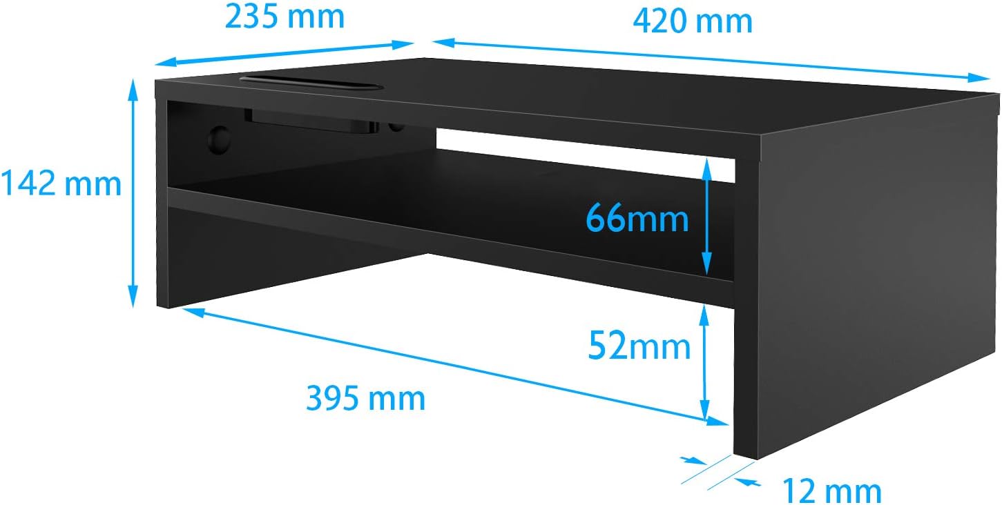 1home Wood Monitor Stand Arm Riser Desk Storage Organizer, Speaker TV Laptop Printer Stand with Cellphone Holder and Cable Management, 16.7 inch 2 Tiers Shelves Black : Office Products