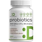 Probiotics 200 Billion CFU Per Serving, 40 Strains, 240 Veggie Capsules | Gut, Immune &amp; Digestive Health Support for Men &amp; Women. With Prebiotics, Enzymes &amp; Magnesium Citrate. Non-GMO, Gluten Free