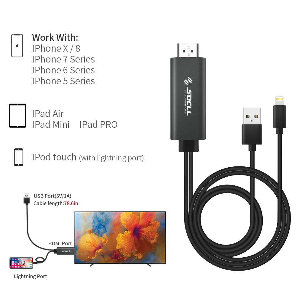 Lightning to HDMI Cable, SOCLL IPhone to HDMI Adapter Cord,1080P