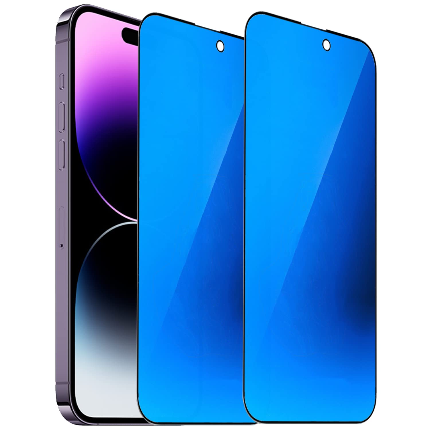 Photo 1 of BWEDXEZ 2 PCS Anti-Blue Privacy Tempered Glass Suit for iPhone 14 Pro Mirror Anti-Spy Screen Protector Anti-Peeping Film Electroplated 9H Hardness Anti-scratch 6.1 inch(Blue)