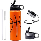22 oz Basketball Water Bottle, Sports Flask Metal Travel Tumbler with 2 Lids, Stainless Steel Double Wall Vacuum Insulated Thermo Water bottles, Basketball Accessories Stuff Gifts for Mom Boys Girls