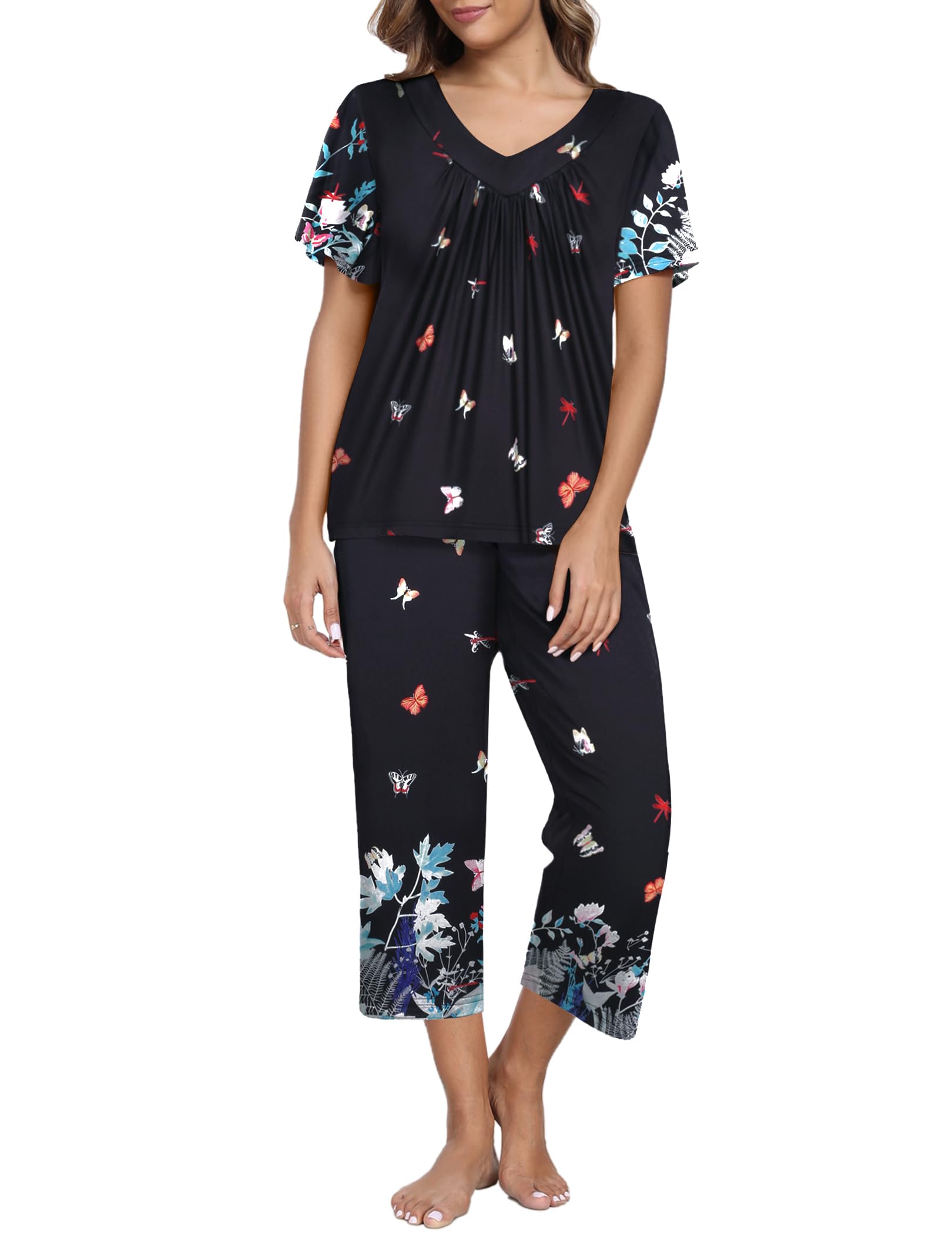 Photo 1 of *small*Ekouaer Women's Capri Pajama Set Short Sleeve Top and Pants 2 Piece Sleepwear Floral Print Ladies Pjs Sets