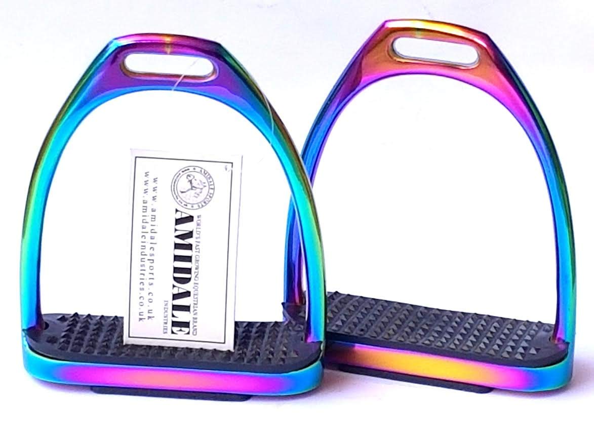 AMIDALE RAINBOW GLOSS FILLIS IRONS STIRRUPS HORSE RIDING STAINLESS STEEL BNWT 5.00 INCHES