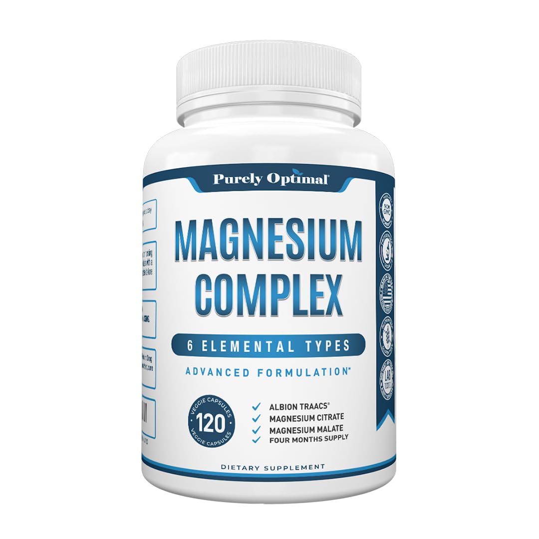 Purely Optimal Magnesium Complex - 6 Forms Magnesium Glycinate, Citrate & Malate - Sleep Support, Stress Relief, Muscles, Heart Health & Relaxation - Magnesium Supplement for Women & Men, 120 Caps