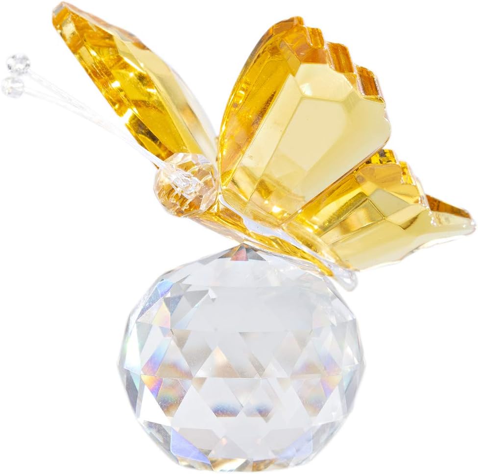 H&D Crystal Flying Butterfly with Glass Ball Base Figurine Table Ornament Statue Animal Collection(yellow)