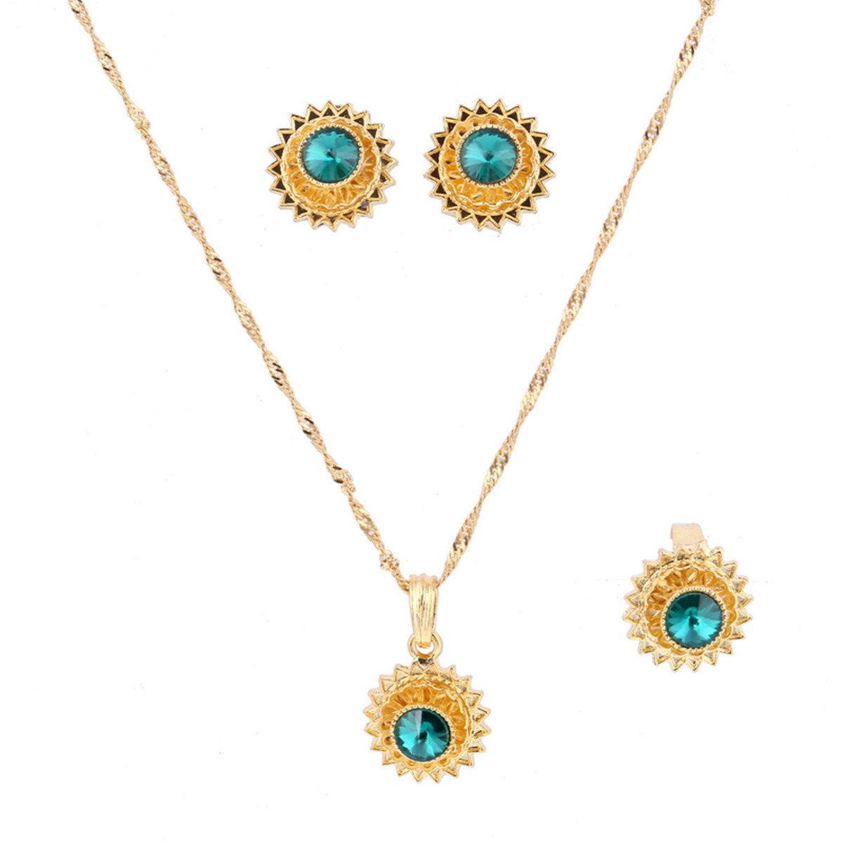 Flower Jewelry Set Ethiopian Gold Jewelry Sets Earrings Pendant Ring with Stone African Habesha Nigeria Jewelry (Green)