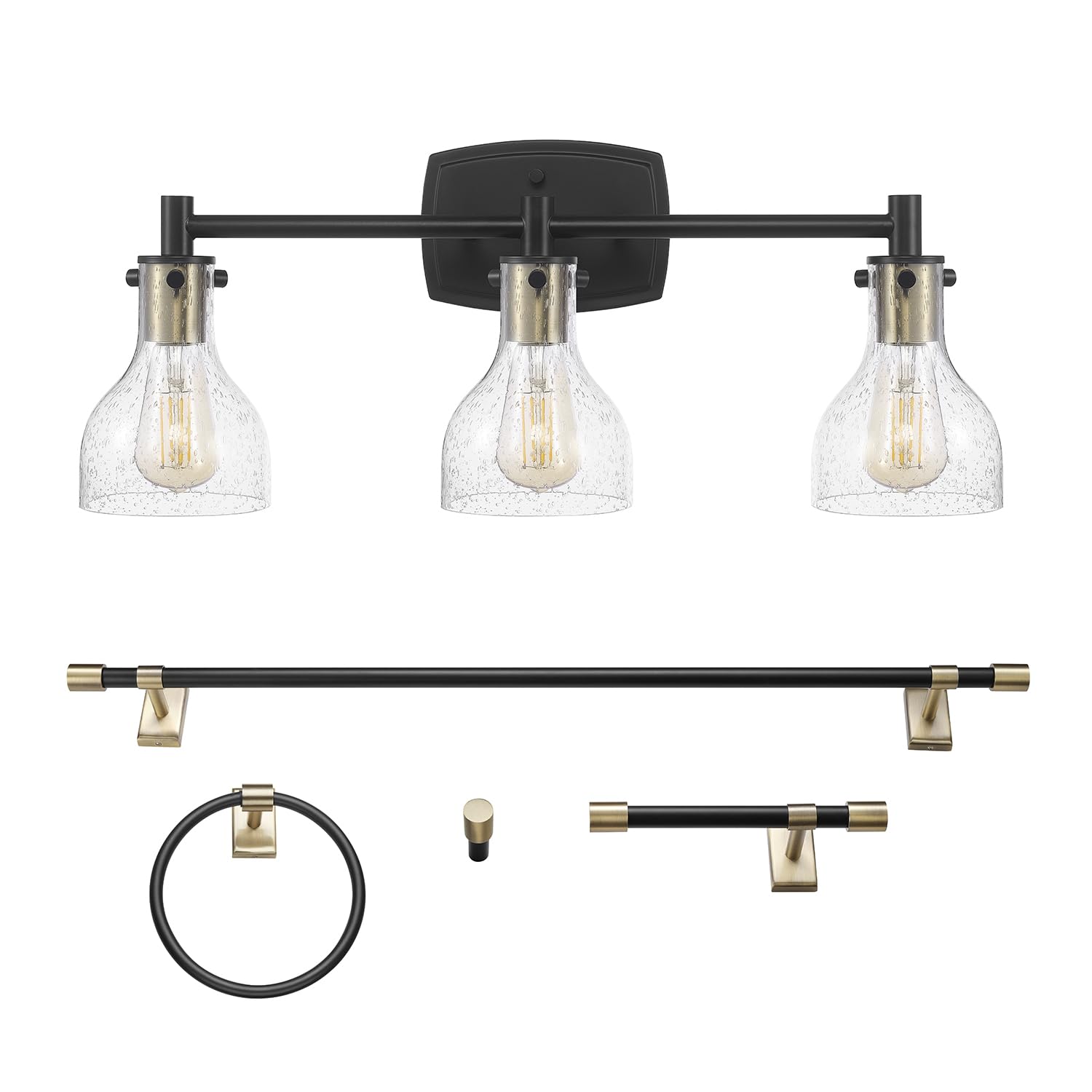 GLOBE Electric 63000062 5-Piece All-in-One Bathroom Set, Matte Black & Brass, 3-Light Vanity Light, Seeded Glass, Towel Bar, Toilet Paper Holder, Towel Ring, Robe Hook, Bathroom Lights Over Mirror Image