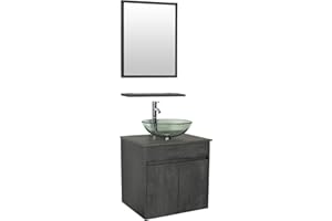 eclife 24" Bathroom Vanity Sink Combo Wall Mounted Concrete Grey Cabinet Vanity Set Clear Round Tempered Glass Vessel Sink Top, W/Chrome Faucet, Pop Up Drain & Mirror (A16E03CC)