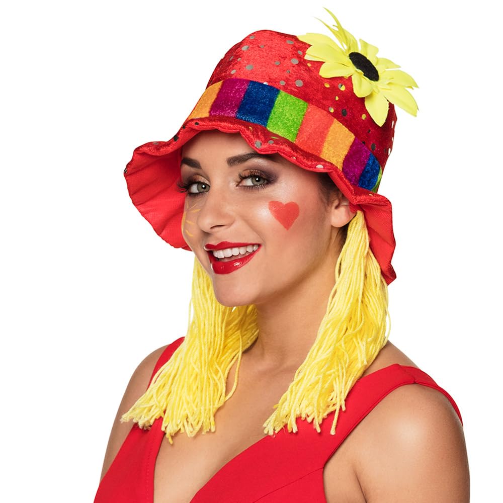 Boland Ladies Clown Sunflower Hat with Yellow Hair, Comedy Headwear, Circus Themed Fancy Dress Accessory, Colourful Hat For Festivals, Multicoloured, One Size (One Size)