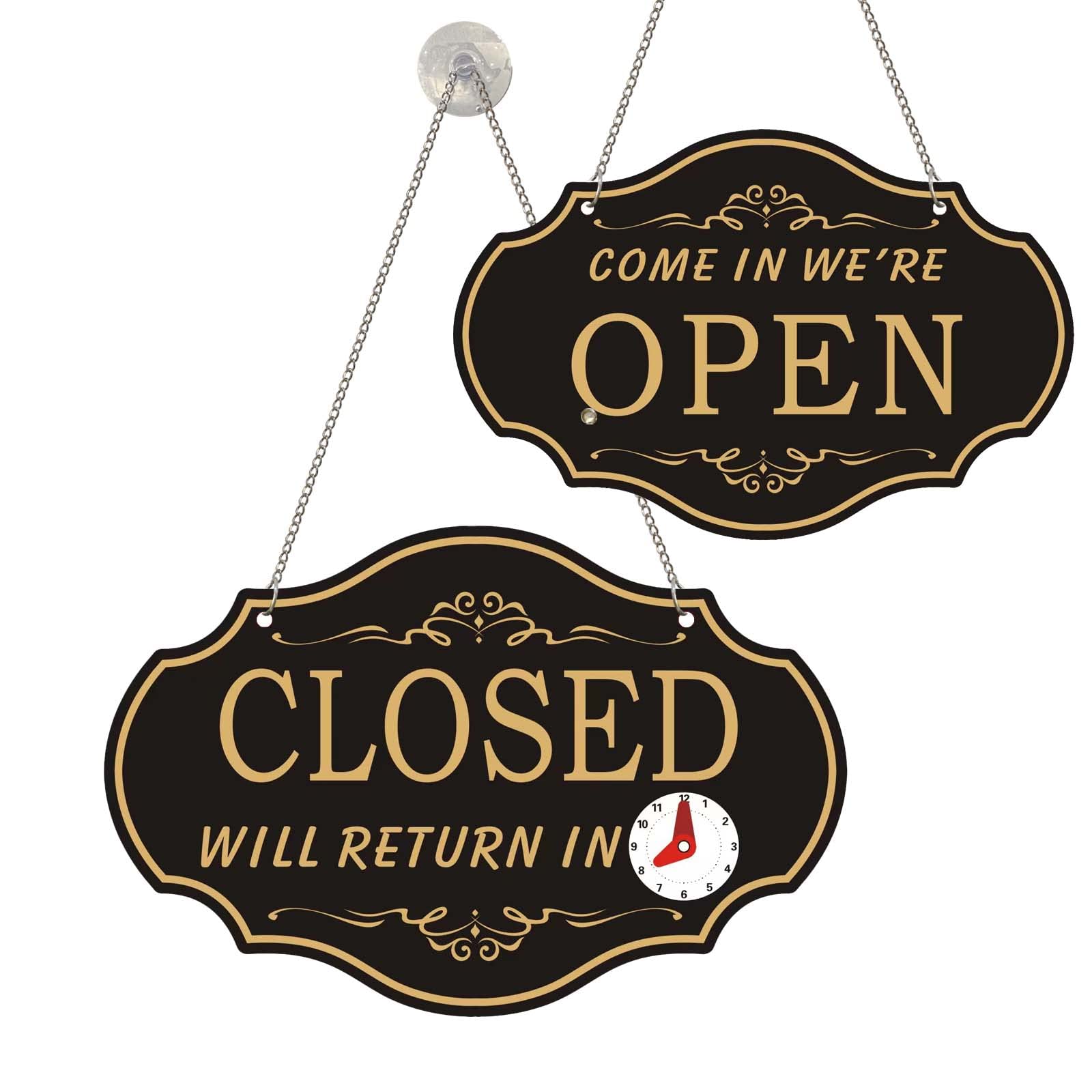 Photo 1 of Open Signs For Business, Double Sides with “Will Return” Clock,Business Store Office Bars Retail Shop Home 9.6 x 6.3 Inche (Gold)