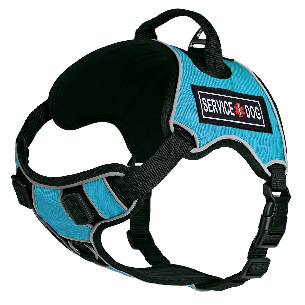 Dogline Quest No-Pull Dog Harness with 3D Rubber Service Dog Removable Patches Reflective Soft Comfortable Dog Vest with Quick Release Dual Buckles Black Hardware and Handle 21 to 25 inches Teal