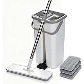 Flat Mop and Bucket Set, Self-Wringing Floor Mop with 3 Pads | Clean &amp; dirty water separation, hands-free washing, microfiber pads for hardwood, tile, vinyl, laminate, marble and pet hair