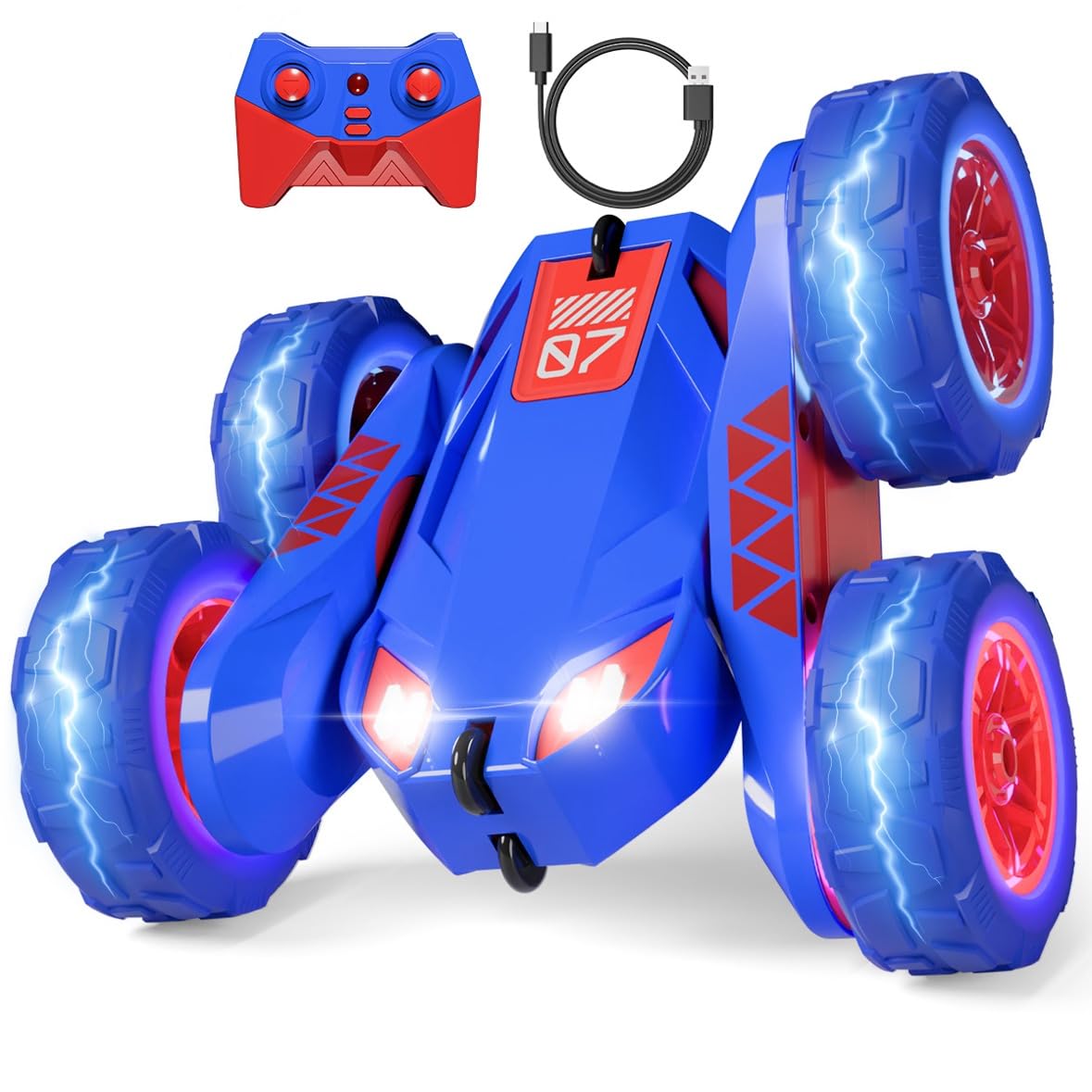 Duales Direktladung Ferngesteuertes Auto,Lädt Auto und Controller über USB,2.4G 360°Drehung Monster Truck mit Buntes LED-Licht,4WD Stunt Spielzeugauto Geschenk für Kinder Jungen Mädchen ab 3-12 Jahre