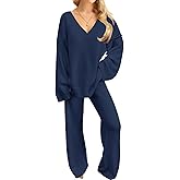 NORACORA Womens 2 Piece Fuzzy Fleece Lounge Sets Long Sleeve V Neck Pajama Set Fluffy Pjs Matching Loungewear