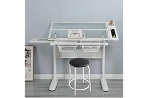 Gynsseh Glass Drafting Table for Artists, Height Adjustable Art Table Drawing Table with Stool, Multifunctional Tilting Tabletop Art Craft Desk for Adults Student,S2-White