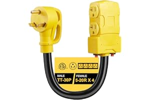 Suplevel 30 Amp to 20 Amp 110V RV Distribution Adapter, NEMA TT-30P to 4 X 5-20R/15R RV Generator Adapter, 3-Prong Plug to Mutiple Household Outlet w/ 24amp Circuit Breaker, ETL Listed