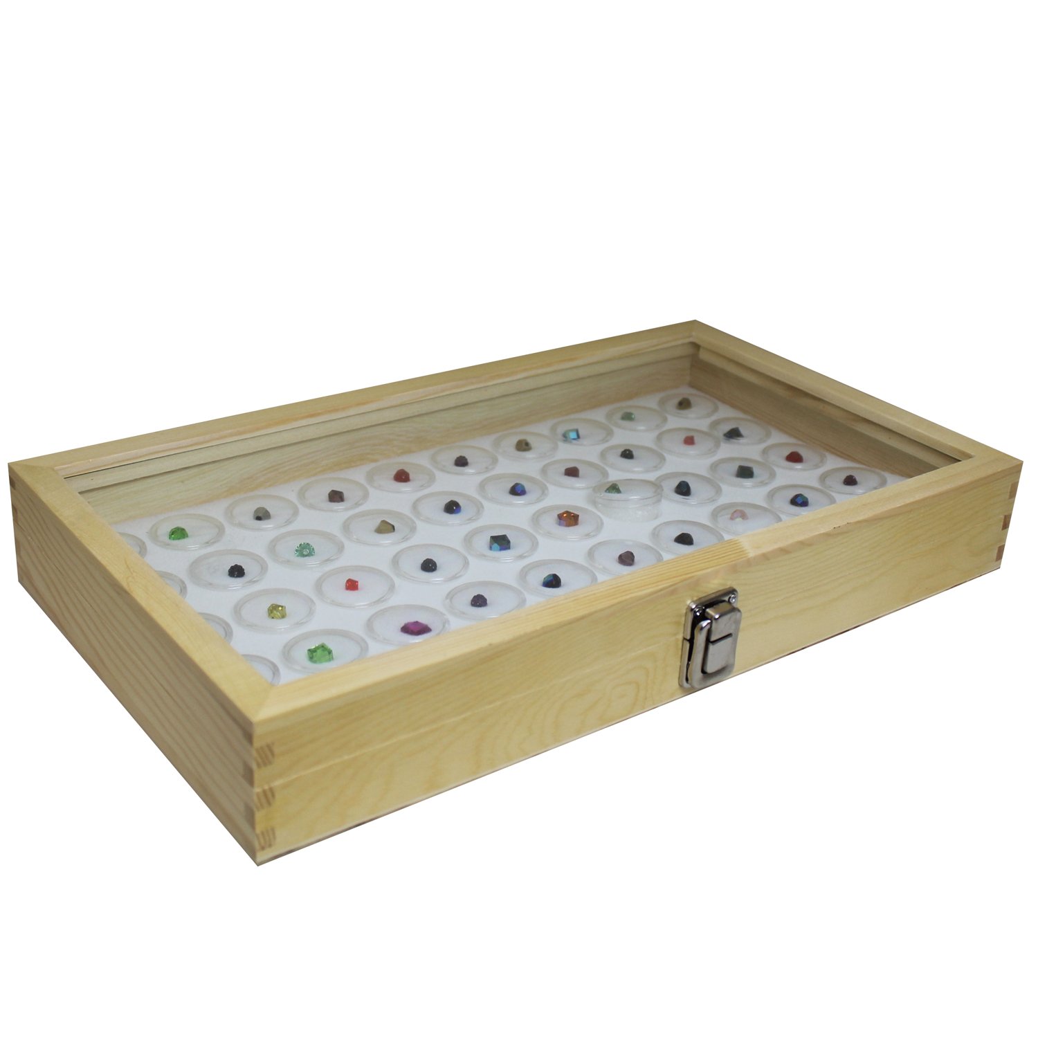 50 White Gem Jars in Temper Glass Top Wood Display Case