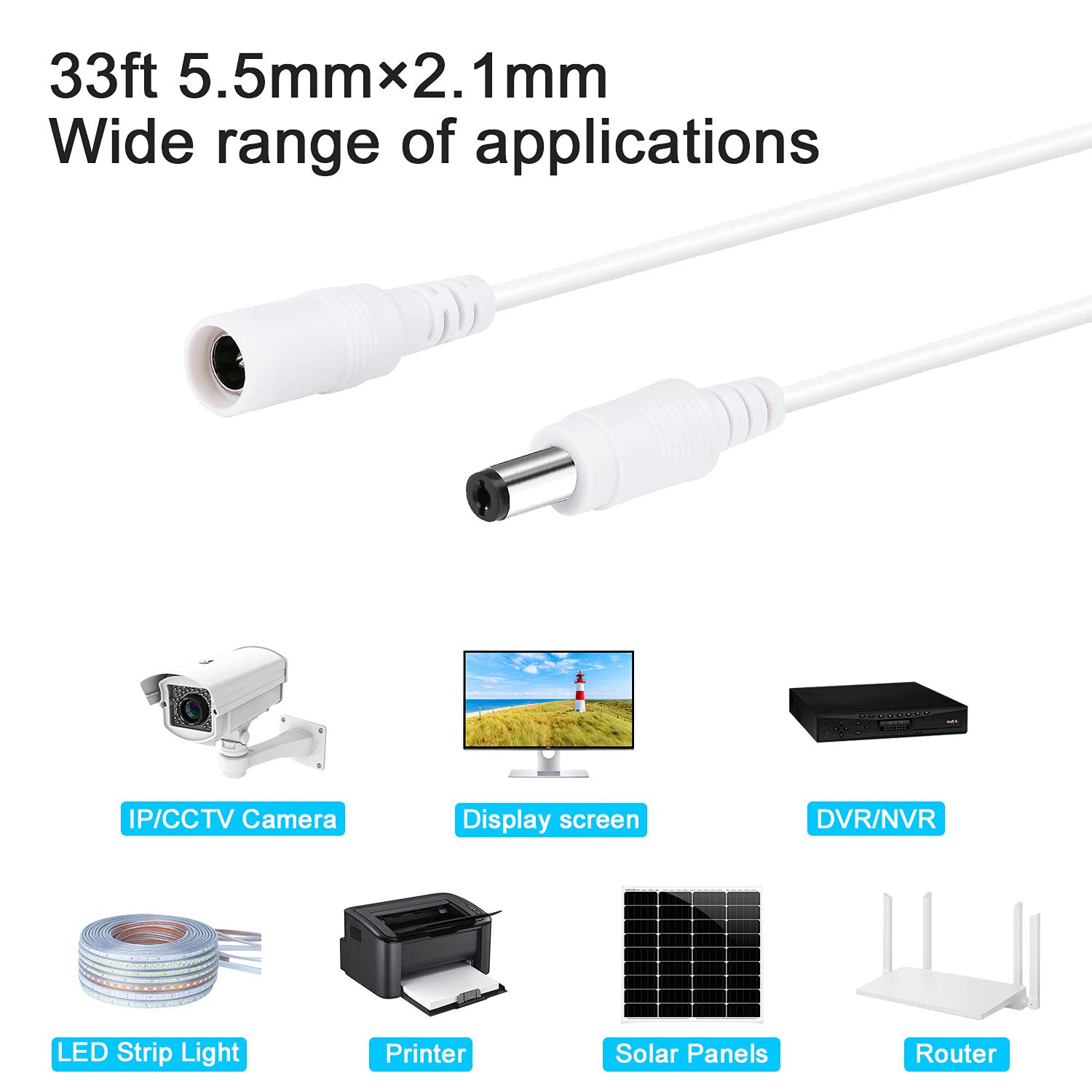 DC Power Extension Cable 33ft, 2.1mm x 5.5mm Plug Compatible with 12V DC Adapter Cord for CCTV Security Camera, IP Camera, Standalone DVR (33ft White)