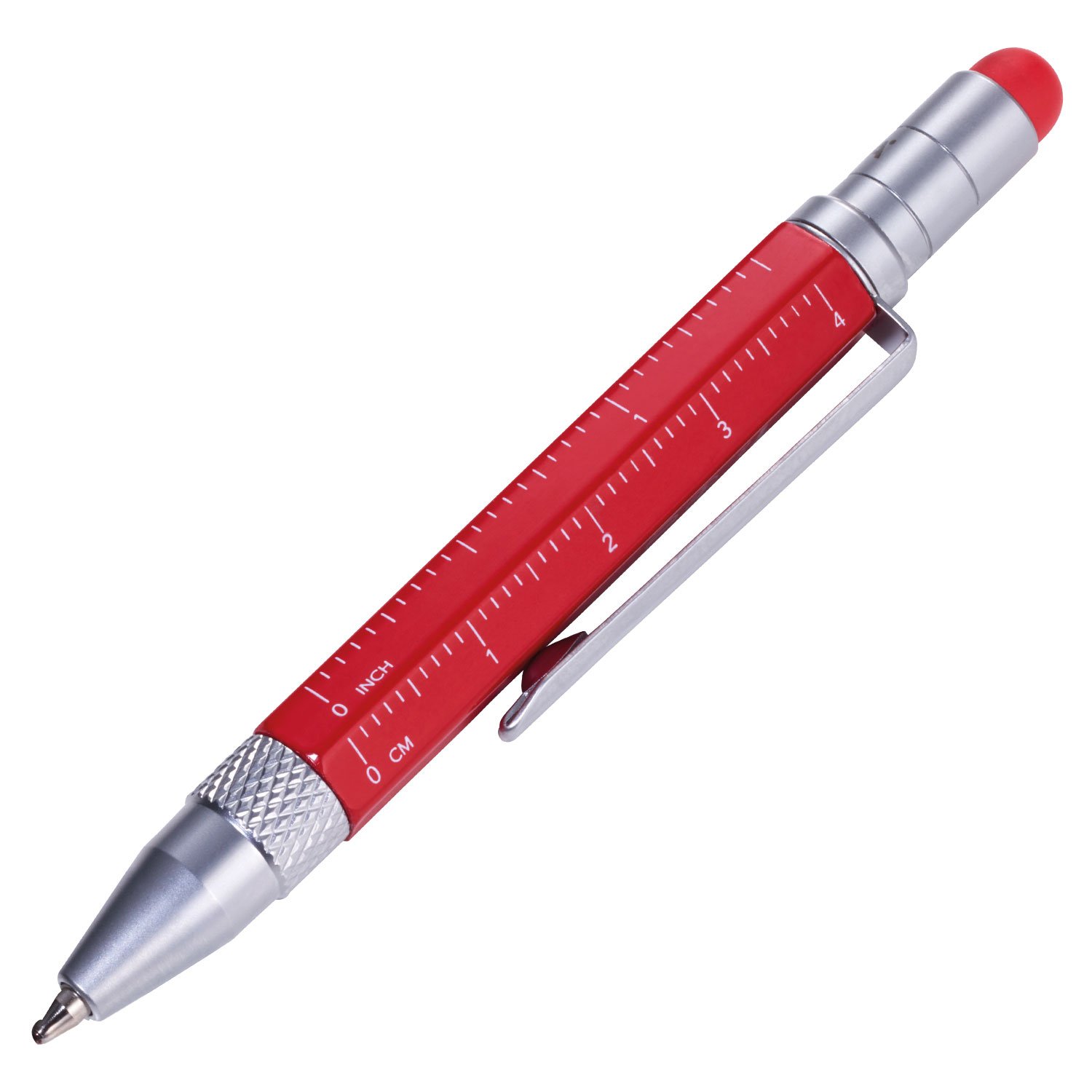 TROIKA Multi-Tasking Ballpoint Pen (Small), Centimeter/Inch Ruler, Slotted/Phillips Screwdriver, Stylus (Red), Black Lead, Includes 2 Refills, Aluminium/Brass/Steel, Matte, Red