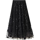 jinghuiyue Women's Midi Tulle Skirts Floral Embroidery Layered Print Fairy Skirts Elastic Waist A-Line Mesh Skirt