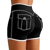 SEASUM Booty Butt Scrunch with Pockets Cargo Shorts V Waist Color & Stitching Gym Yoga Workout